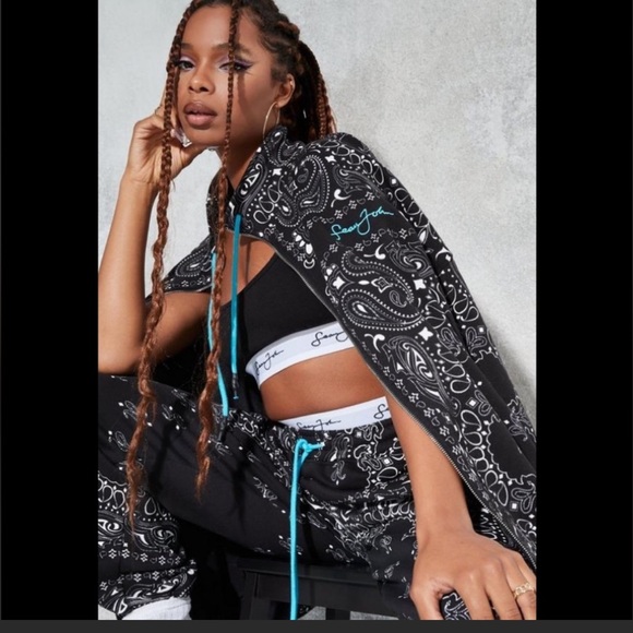 2Pc Cashew Print Zip ⬆️ Jacket W/Baby Blue Strings On Joggers Throw Back Outfit - Picture 8 of 9